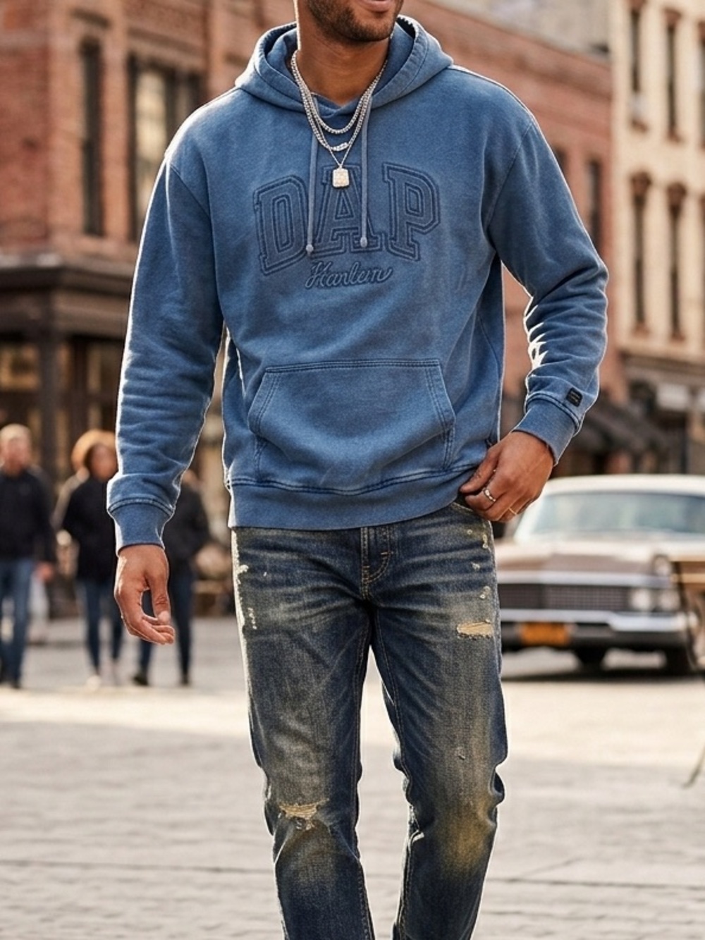 Dapper Dan x GAP Harlem Pullover Hoodie in Denim Blue - Size L Tall 100% Cotton